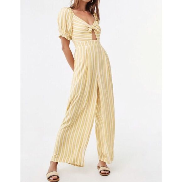 Pants - FOREVER 21 Womens Yellow Cream Striped Knotted Jumpsuit NEW Wide-Leg Sz Small S